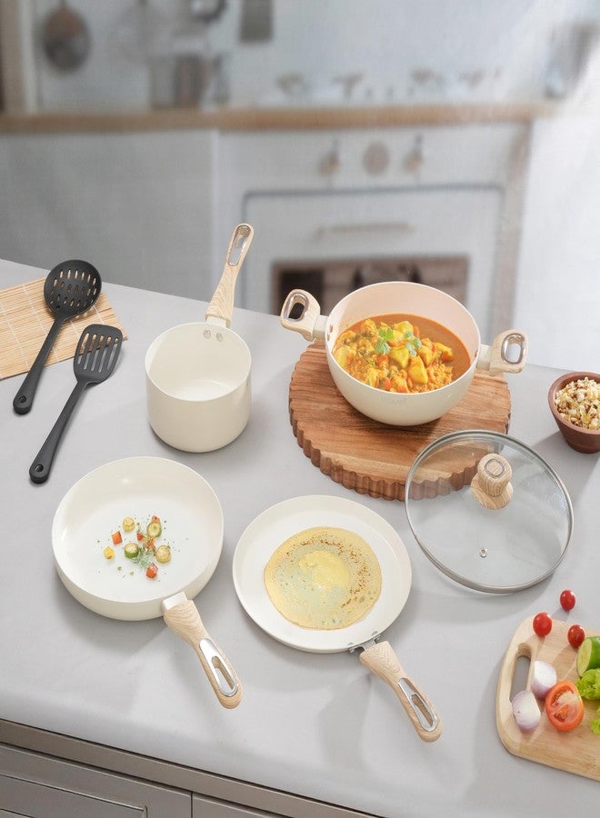 Cookaid Velora Series Cook & Serve Set with Lid | Ceramic Non Stick Cookware Set 7 Pcs (7, Cream) - Image 1